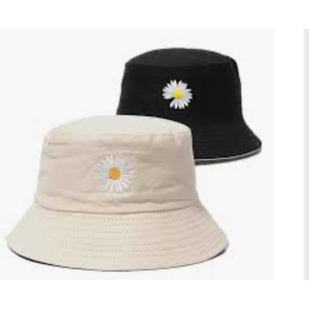 Daisy Bucket Hat Cap Beige Black Reversible OS Women's
